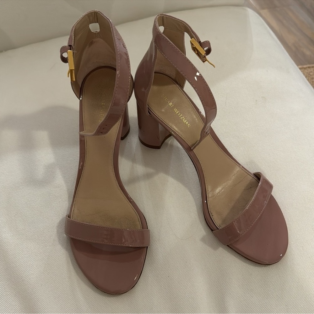 Stuart Weitzman “Less Nudist 75” Patent Leather Block Heel Sandals, Sz 9M - Picture 5 of 11